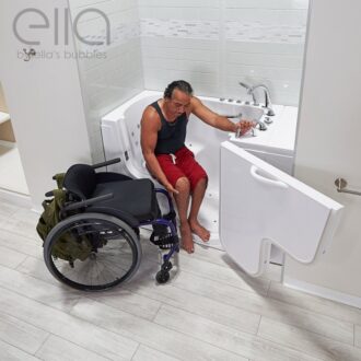 Ella Brand Walk In Tubs - transfer dual massage model shot right mid door open getting in tub wheel chair 768x768 1 |